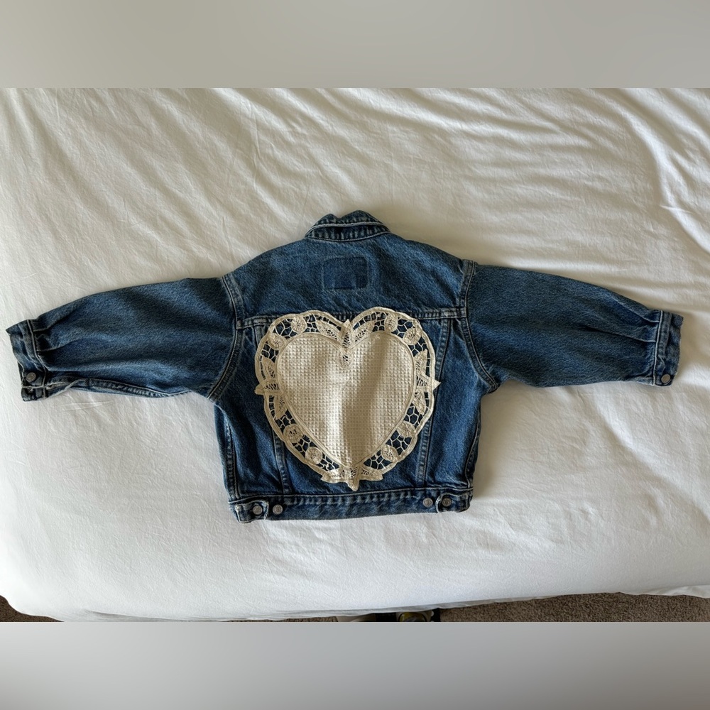 Vintage Gap Kids 80’s Upcycled Denim Jean Jacket Size XS with Ivory Lace Heart